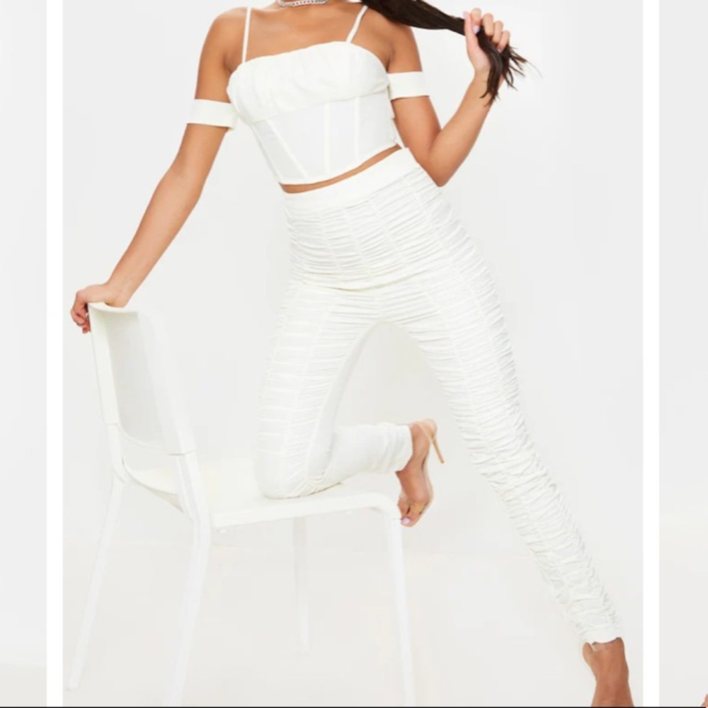 Cream Woven High Waist Ruffle Seam Front Skinny Pants and matching crop top